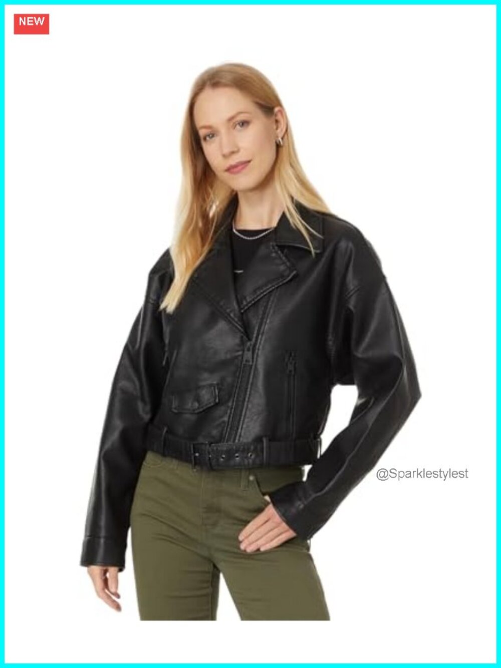 Faux Leather Cropped Moto Jacket Relaxed Fit Belted